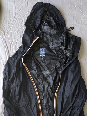 K-Way Women's Navy Hooded Packable Rain Jacket with Stripe Trim